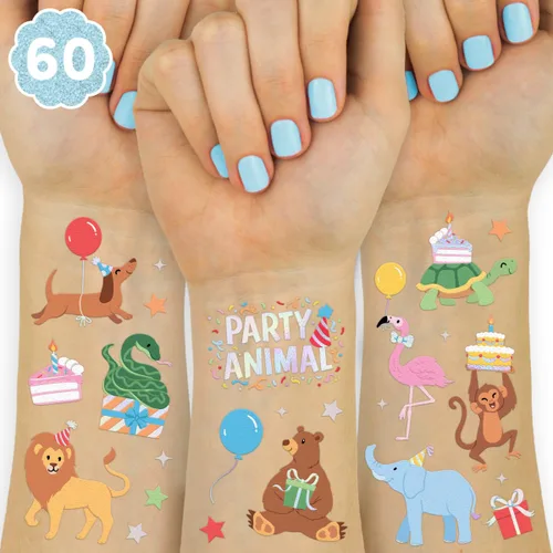 xo, Fetti Tatuajes temporales para fiesta de cumpleaños de animales – 60 estilos de aluminio | Decoraciones de cumpleaños de safari, accesorios para