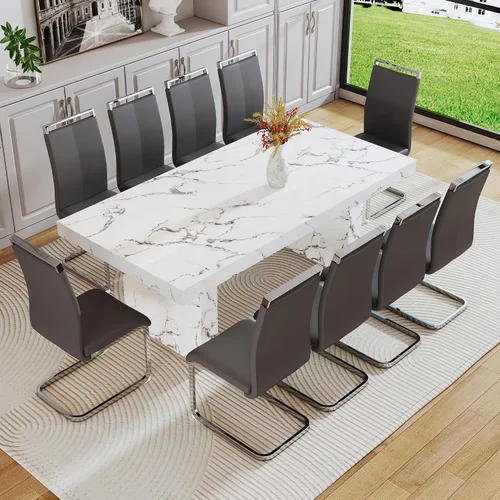 Miniatura 45 de gopop Mesa de comedor de mármol de 63 pulgadas, tablero de mesa de comedor MDF con patrón de mármol y base para cocina y comedor.