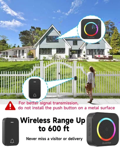 Miniatura 4 de Kit de timbre inalámbrico, timbre autoalimentado sin batería, rango de 600 pies, 63 campanas seleccionables, volumen ajustable con luz RGB, timbre