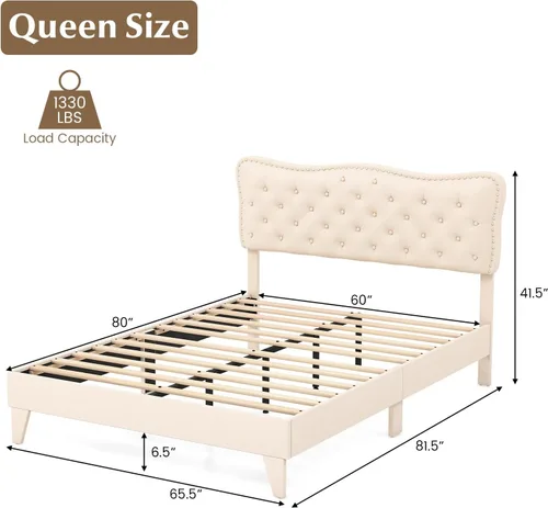 Miniatura 2 de Giantex Base de cama tamaño Queen color beige, plataforma tapizada de tela de lino con cabecera de clavos, base de colchón con botones y listones