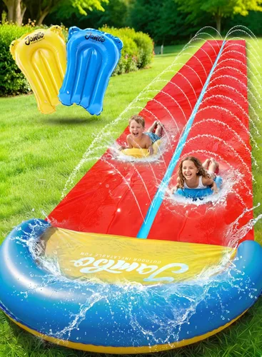JAMBO 7.3 metros XL Tobogán, Resbaladilla y Aspersor y 2 Tablas de Bodyboard, Tobogán de Agua para Césped de Alta Resistencia, Juguete de Agua de