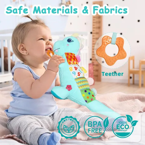 Miniatura 4 de Juguetes de dinosaurio para bebé de peluche suave para 0-3-6-12+ meses, juguete musical para bebé con sonajero, chirrido, crujido sensorial, Azul
