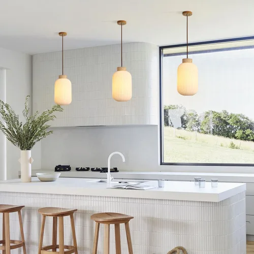 Miniatura 7 de Luces Colgantes Modernas de Mediados de Siglo para Isla de Cocina, Lámpara Colgante Grande de Vidrio Lechoso Acanalado, Accesorio de Iluminación