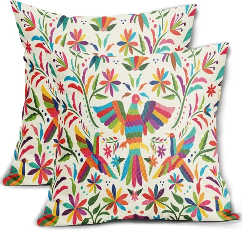 Miniatura 11 de Juego de 2 fundas de almohada con estampado floral mexicano de 18 x 18 pulgadas, diseño étnico colorido de pájaros y flores de cachemira, fundas