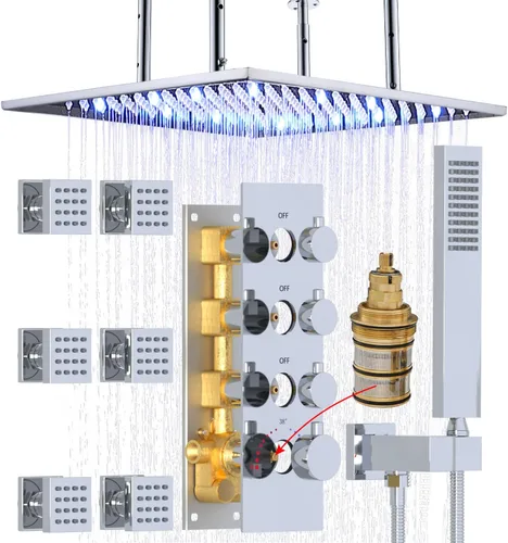Miniatura 13 de HOMEDEC Sistema de ducha de lluvia LED de 16 pulgadas, válvula desviadora termostática de 3 vías con 6 pulverizadores corporales, todas las Negro