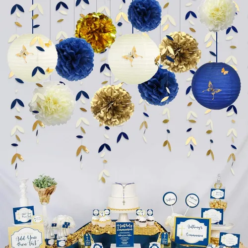 Miniatura 4 de Kit de decoración de fiesta azul marino y dorado, faroles, flores, pompones con calcomanías de mariposa 3D dorado champán y serpentinas de guirnalda