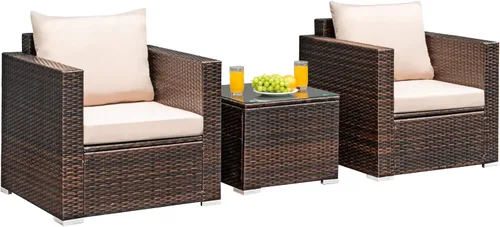 Miniatura 12 de RELAX4LIFE Juego de sofá de mimbre de 3 piezas, juego de sofá de ratán para patio al aire libre con cojines lavables y mesa de centro de vidrio Azul