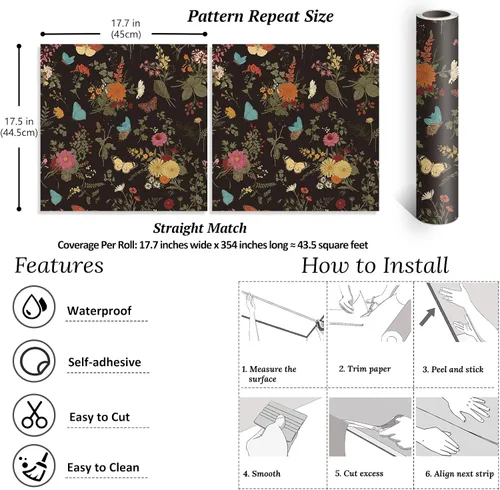 Miniatura 9 de VEELIKE Papel pintado de caléndulas oscuras, mariposas negras vintage, 17.7 x 118 pulgadas, mural de pared floral extraíble, papel de contacto