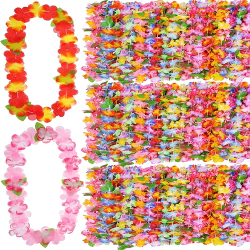 Miniatura 8 de Jexine 250 piezas de collar floral hawaiano a granel tropical Luau Leis verano playa floral para decoración de fiesta de cumpleaños, bodas y Azul