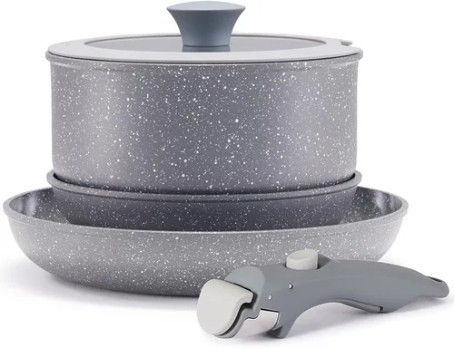 Miniatura 9 de Vkoocy Juego de ollas y sartenes antiadherentes grises con mango extraíble, juego de utensilios de cocina de cerámica con mango desmontable, 5