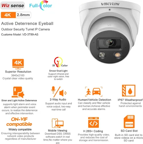 Miniatura 2 de VIKYLIN 4K 8MP POE IP AI Wizsense Cámara, DMSS/SmartPss Lite, disuasión activa con audio bidireccional, visión nocturna inteligente de doble luz