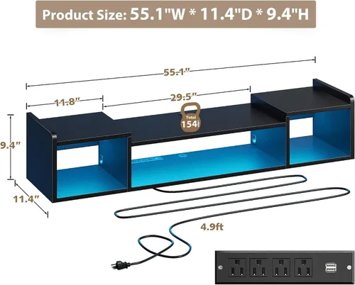 Miniatura 8 de Romorgniz - Soporte de TV flotante de 55.1 pulgadas de ancho con luces LED y tomas de corriente para televisores de 50, 55, 60, 65 pulgadas, centro