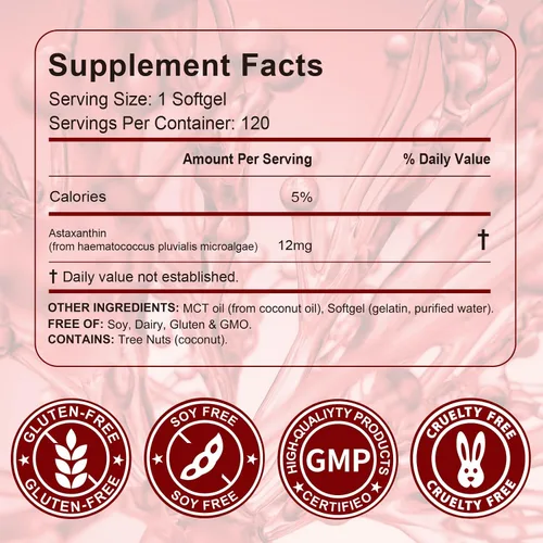 Miniatura 8 de Daiasns Astaxantina 12 mg, suplementos antioxidantes de astaxantina que apoyan la salud de los ojos, las articulaciones, la circulación interna