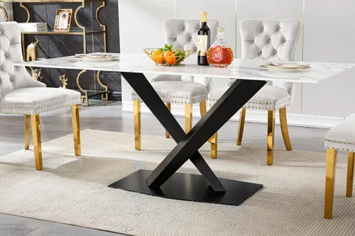 Miniatura 15 de Mesa de comedor de mármol negro para 4, 6, 70 pulgadas, moderna mesa de comedor de cocina dorada con base de acero inoxidable con diseño
