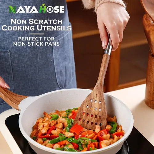 Miniatura 5 de Cucharas de madera para cocinar, 10 piezas con mango inoxidable, juego de utensilios de madera de acacia natural con soporte y soporte para cuchara