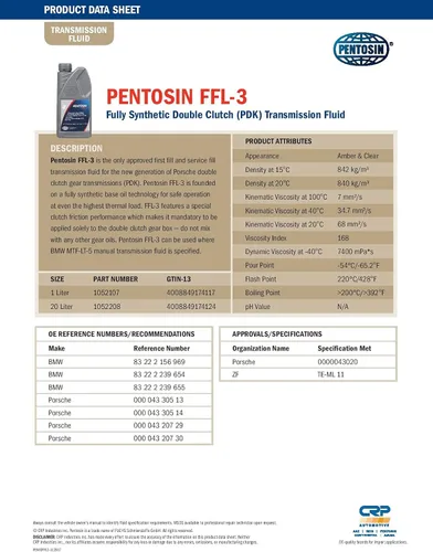 Miniatura 5 de Pentosin 1052107 FFL-3 - Líquido de transmisión de doble embrague sintético completo para transmisiones Porsche PDK seleccionadas, 1 litro