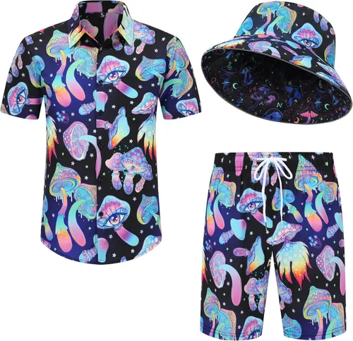 ropa de festival para hombre, trajes de festival para hombres, trajes rave para hombres, camisa hawaiana de hongos para hombres, 01