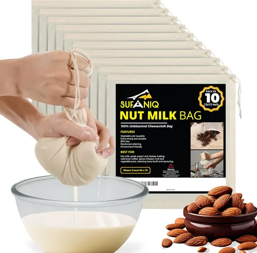 Miniatura 10 de SUFANIQ - Bolsa de leche de nueces, 2 bolsas (12 x 12 pulgadas), bolsa de tela de queso 100% algodón sin blanquear para colar, bolsa de leche