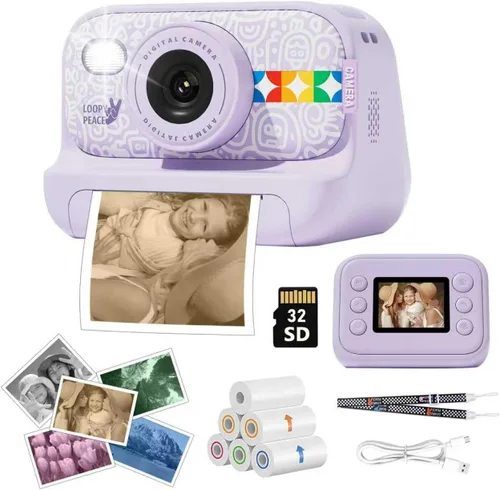 Miniatura 9 de Cámara de impresión instantánea para niños con papel de impresión de 5 colores, foto de 48MP, video 1080P, 21 marcos divertidos, tarjeta de 32GB