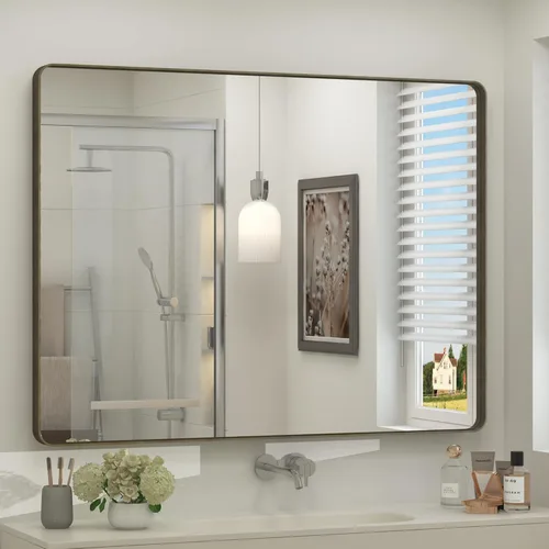 Miniatura 40 de Paquete de 2 espejos de baño con marco de metal negro de 22 x 30 pulgadas, espejo rectangular redondeado negro mate, antioxidante, se cuelga
