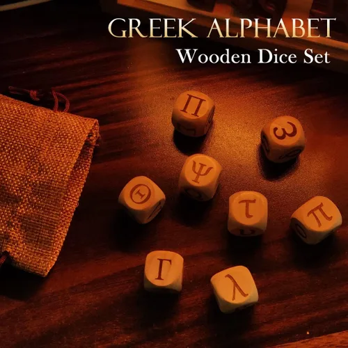 Miniatura 7 de Juego de dados de madera del alfabeto griego, 24 letras griegas talladas, cubos rodantes para juegos de fiesta de enseñanza