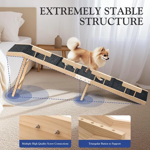 Miniatura 6 de Easyego Rampa plegable para perros para cama y sofá, rampa de madera para mascotas de 74 pulgadas con rieles laterales y alfombra de alta tracción