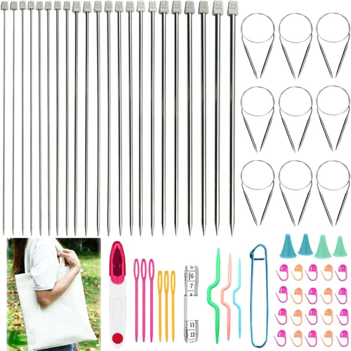Miniatura 8 de Hobekoee Juego de agujas de tejer de bambú, 36 agujas de tejer de bambú rectas de 9.8 pulgadas y 8 agujas circulares de 32 pulgadas con bolsa
