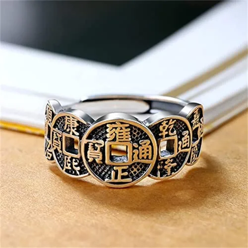 Miniatura 2 de Anillo de cobre Wufu con moneda de cinco emperadores, anillo de plata con índice retro de la suerte, anillo vintage ajustable para hombres