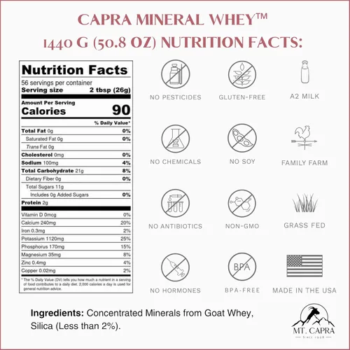 Miniatura 2 de Mt. Capra Mineral Whey Un suplemento en polvo mineral/electrolito biodisponible de suero de leche de cabra, rico en potasio, alcalinizante, 56