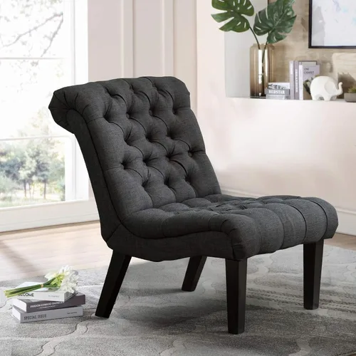 Miniatura 12 de Silla decorativa moderna para dormitorio, sala de estar, silla lateral tapizada con botones y sin brazos con patas de madera maciza, tela crema