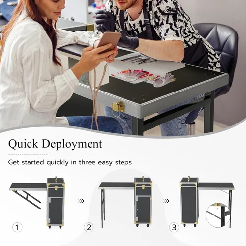 Miniatura 6 de Icoget Mesa de manicura portátil con ruedas para enseñanza de uñas, escritorio plegable de viaje con almacenamiento, mesa de manicura móvil