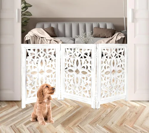 Miniatura 13 de Lightnpro Valla de madera geométrica para mascotas - Puerta de seguridad plegable independiente para perros, cachorros y mascotas pequeñas, valla