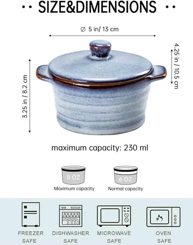Miniatura 2 de Henten Home Ramequines de cerámica de 8 onzas con tapa, mini cocotte de porcelana con asa, juego de 4, cazuelas de esmalte reactivo para hornear