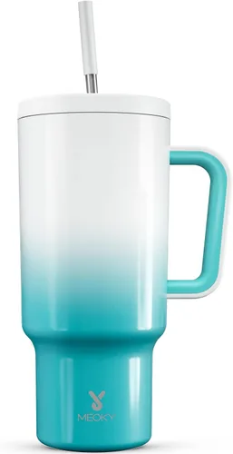 Miniatura 51 de Meoky - Vaso de 30 oz con asa, tapa y pajilla, taza de viaje térmica de acero inoxidable 100% a prueba de fugas, para portavasos, mantiene el frío