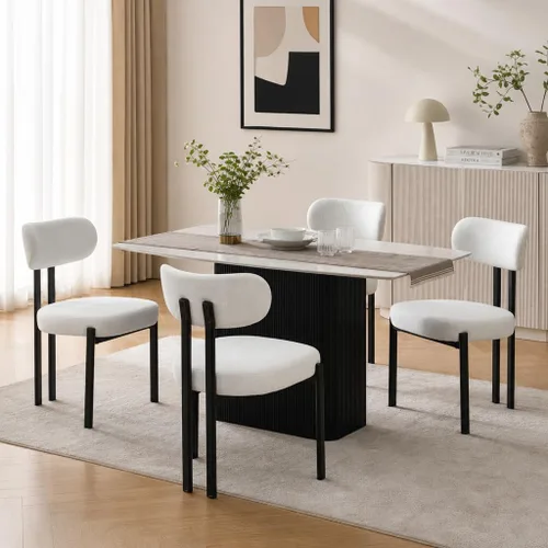 Miniatura 15 de HEAH-YO Juego de 2 sillas de comedor modernas, sillas de cocina de tela de lino con patas de metal negro, sillas laterales tapizadas sin brazos