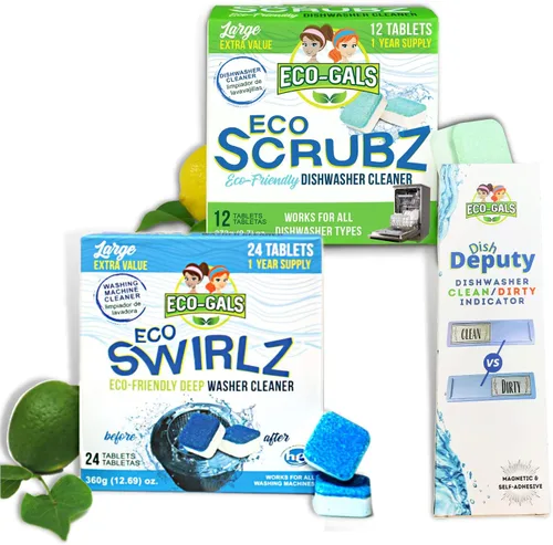ECO-GALS Scrubz & Swirlz - Paquete de limpiador de lavadora y lavavajillas sin perfume, suministro de 1 año más organizador magnético para