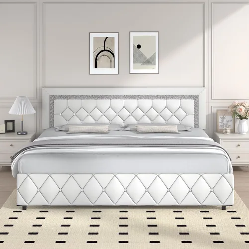 Miniatura 17 de Base de cama individual, plataforma de piel sintética con cabecera tapizada de diamante, base de colchón con fuerte soporte de listones de madera