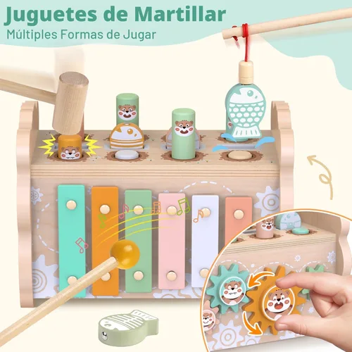 Miniatura 3 de Juguetes de madera Montessori para niños pequeños de 1 a 3 años, juguete de martillado y golpeo para bebés con xilófono y juego de pesca, pista