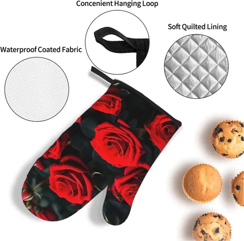 Miniatura 5 de Juego de manoplas y salvamanteles antideslizantes para horno y salvamanteles con diseño de rosas rojas, resistentes al agua, para hornear a