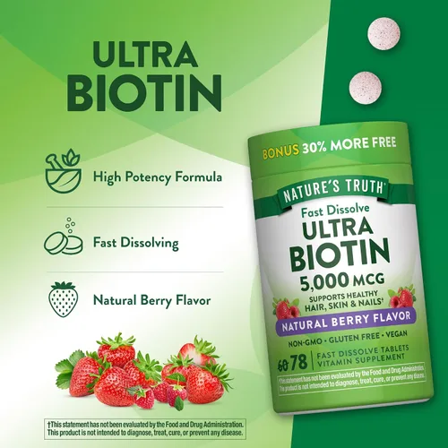 Miniatura 5 de Nature's Truth Biotin 5000mcg 78 tabletas de disolución rápida Sabor natural de bayas Vegano, sin OMG y sin gluten