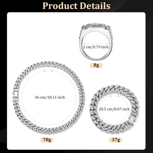 Miniatura 3 de Kenning Juego de 3 piezas de cadena de eslabones de plata, collar de cadena de eslabones de plata, collar de diamantes de imitación, anillo