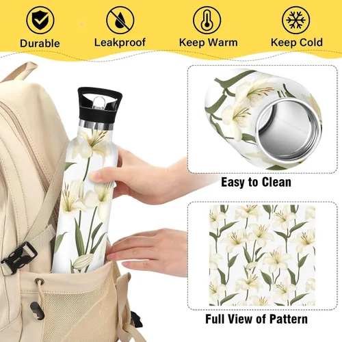 Miniatura 4 de Cartoon Lily White Double Wall Vacuum Insulated Bottles Water Bottles With Straws Leak-proof BPA-Free Leak Proof for Gym Sports