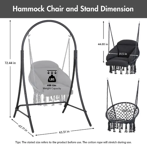 Miniatura 6 de ANOW Silla colgante con soporte incluido, hamaca resistente con soporte y cojín acolchado extraíble, máximo 400 libras, gris oscuro