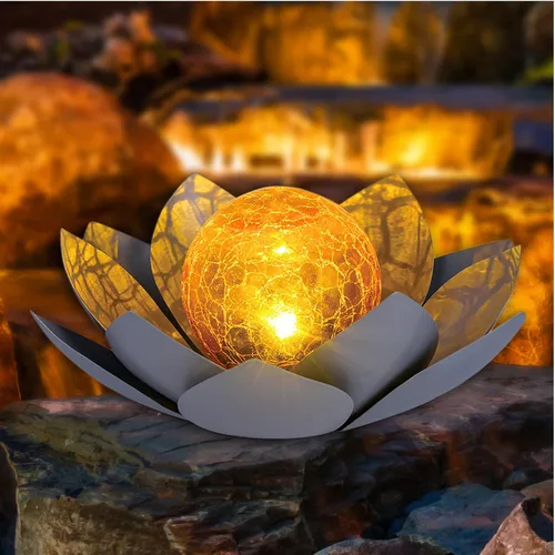 Miniatura 10 de Huaxu Luces solares para jardín al aire libre, decoración de loto de cristal con forma de globo agrietado, decoración de flores LED impermeables