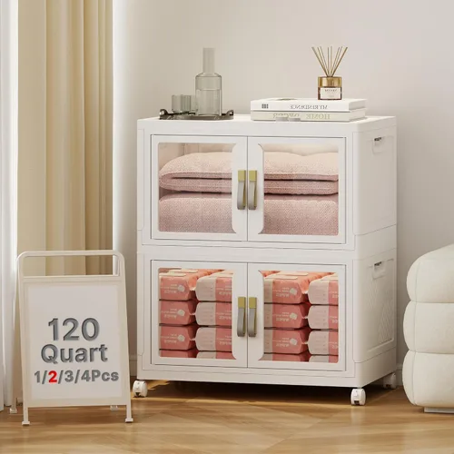 Miniatura 11 de Stackable Storage Bins with Lids, Clear Doors, 120QT Storage Bins Large Storage Cabinet Foldable Collapsible Closet Organizers for Bedroom Dorm