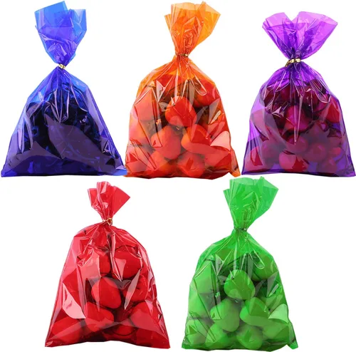 Morepack Bolsas de celofán de colores para el Día de la Madre, 6 x 9 pulgadas, 100 bolsas coloridas de celofán con 100 lazos giratorios para
