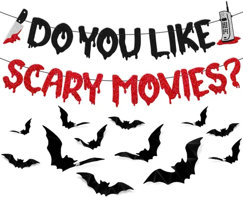 Decoración de Halloween Do You Like Scary Movies Banner con adornos de murciélago en 3D, películas de terror sagradas, decoración de fiesta nocturna