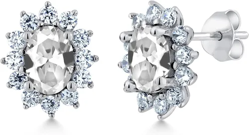 Miniatura 253 de Gem Stone King Aretes ovalados de plata de ley 925 de 0.276 x 0.197 in con piedra natal de la princesa Diana, estilo halo real para mujeres