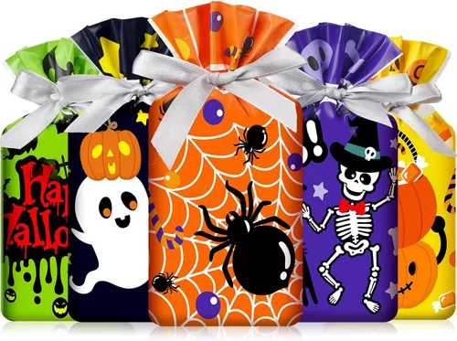 Aliceset 50 bolsas pequeñas de regalo con cordón de Halloween – Bolsas de plástico de regalo de esqueleto de araña, fantasma, para Halloween,