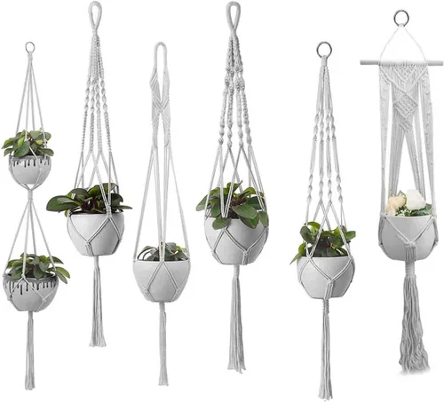 Miniatura 15 de Feedee Ganchos de macramé para plantas, paquete de 6, color negro, interior/exterior, algodón
